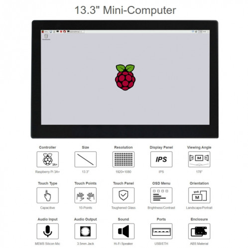 Mini-ordinateur Waveshare 13,3 pouces alimenté par Raspberry Pi 3A +, écran tactile HD () SW92EU9-09