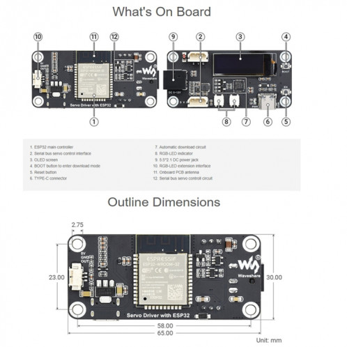 Carte d'extension de pilote de servomoteur Waveshare ESP32, WiFi intégré et BT SW05361125-08