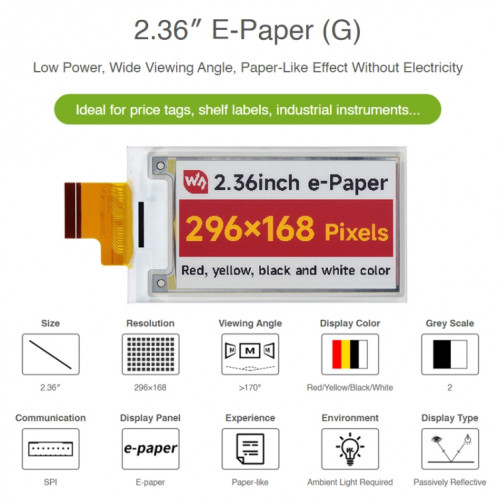 Waveshare 2,36 pouces 296 x 168 Rouge Jaune Noir Blanc E-Paper (G) Raw Display Panel SW0579874-06