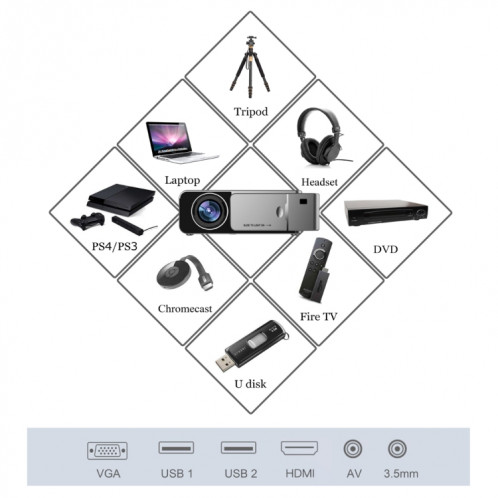 T6 Mini projecteur de théâtre HD portable avec technologie LCD 1080p T6 3500ANSI, Support WiFi, HDMI, AV, VGA, USB (Argent) SH045S735-011