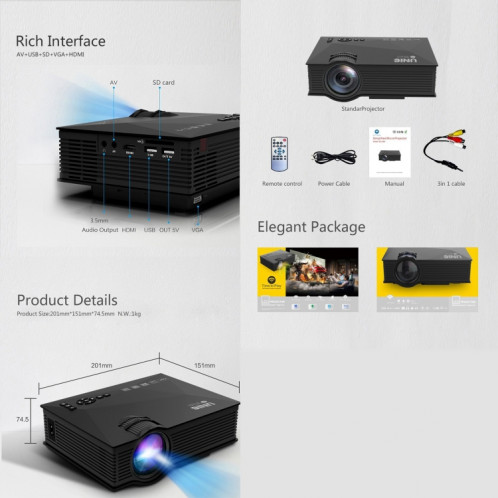 Projecteur LED HD multimédia Home cinéma UC68 + 40ANSI 1024 x 600P, prise en charge USB/SD/HDMI/VGA/IR SH068W1829-05