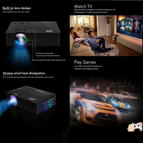 Projecteur LED HD multimédia Home cinéma UC68 + 40ANSI 1024 x 600P, prise en charge USB/SD/HDMI/VGA/IR SH068W1829-05