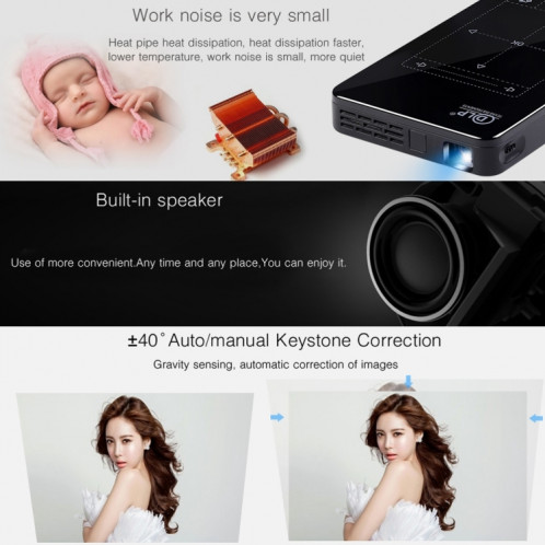 P09 Mini projecteur intelligent portable 4K Ultra HD DLP avec télécommande infrarouge, Amlogic S905X 4-Core A53 jusqu'à 1,5 GHz Android 6.0, 1 Go + 8 Go, prise en charge WiFi 2.4G / 5G, Bluetooth, carte TF (noir) SH166B205-015