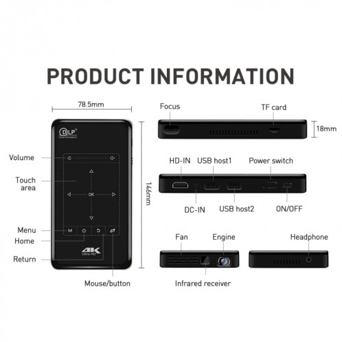 P09 Mini projecteur intelligent portable 4K Ultra HD DLP avec télécommande infrarouge, Amlogic S905X 4-Core A53 jusqu'à 1,5 GHz Android 6.0, 1 Go + 8 Go, prise en charge WiFi 2.4G / 5G, Bluetooth, carte TF (noir) SH166B205-015