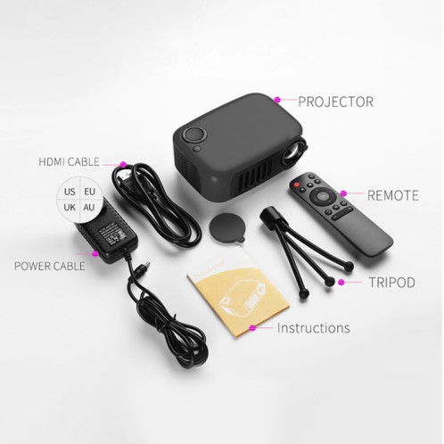 A2000 1080P Mini projecteur portable intelligent pour enfants, prise AU (noir) SH8AUB821-015