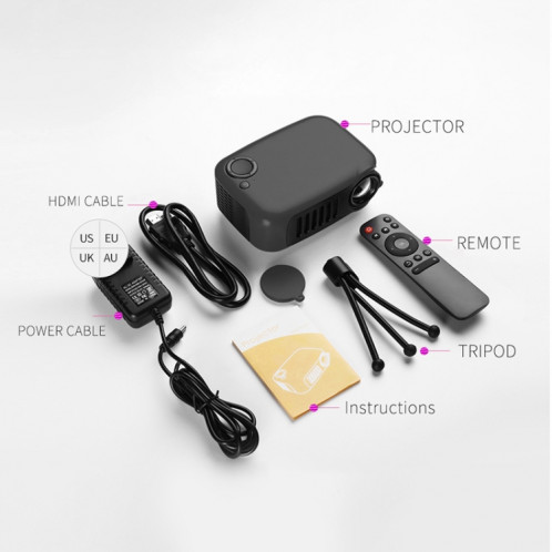 A2000 1080P Mini projecteur portable intelligent pour enfants, prise EU (noir) SH8EUB324-015