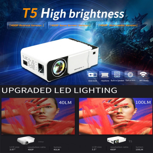T5 100ANSI Lumens 800x400 Résolution 480P LED + LCD Technologie Projecteur Intelligent, Prise en charge de la carte HDMI / SD / 2 x USB / Audio 3,5 mm, Version ordinaire SH1870334-010