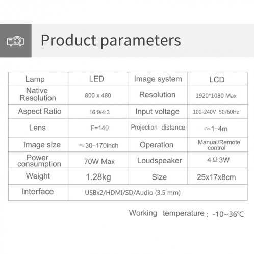 T5 100ANSI Lumens 800x400 Résolution 480P LED + LCD Technologie Projecteur Intelligent, Prise en charge de la carte HDMI / SD / 2 x USB / Audio 3,5 mm, Version ordinaire SH1870334-010