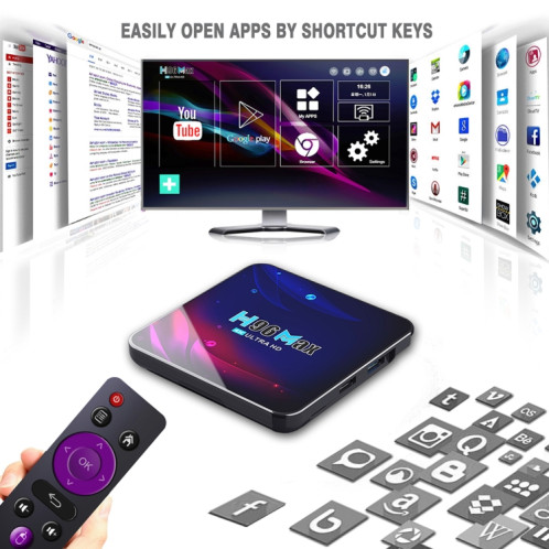 H96 Max V11 4K Smart TV BOX Android 11.0 Lecteur multimédia avec télécommande, RK3318 Quad-Core 64bit Cortex-A53, RAM : 4 Go, ROM : 32 Go, Prise en charge WiFi double bande, Bluetooth, Ethernet, prise britannique SH54UK1132-014