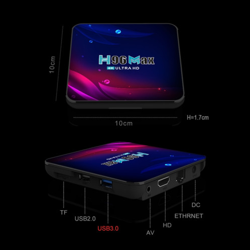 H96 Max V11 4K Smart TV BOX Android 11.0 Lecteur multimédia avec télécommande, RK3318 Quad-Core 64bit Cortex-A53, RAM : 4 Go, ROM : 32 Go, Prise en charge WiFi double bande, Bluetooth, Ethernet, prise britannique SH54UK1132-014
