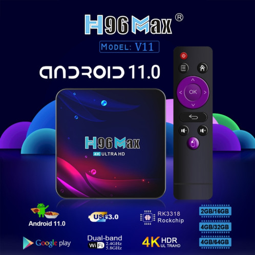 H96 Max V11 4K Smart TV BOX Android 11.0 Lecteur multimédia avec télécommande, RK3318 Quad-Core 64bit Cortex-A53, RAM : 4 Go, ROM : 32 Go, Prise en charge WiFi double bande, Bluetooth, Ethernet, prise britannique SH54UK1132-014