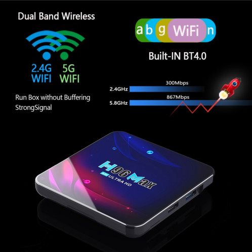 H96 Max V11 4K Smart TV BOX Android 11.0 Lecteur multimédia avec télécommande, RK3318 Quad-Core 64bit Cortex-A53, RAM : 4 Go, ROM : 32 Go, Prise en charge WiFi double bande, Bluetooth, Ethernet, prise britannique SH54UK1132-014