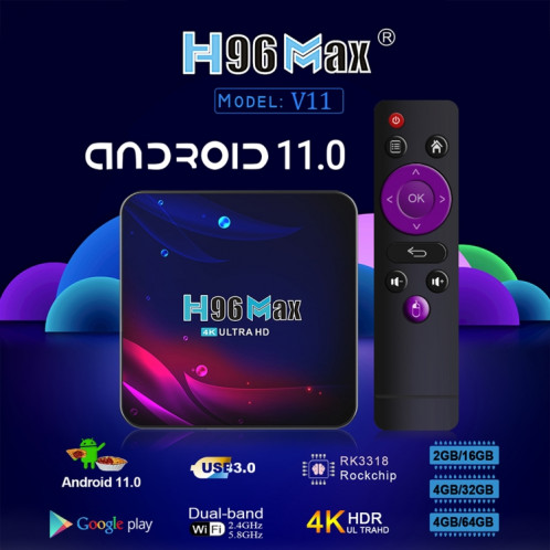 H96 Max V11 4K Smart TV BOX Android 11.0 Lecteur multimédia avec télécommande, RK3318 Quad-Core 64bit Cortex-A53, RAM : 4 Go, ROM : 64 Go, Prise en charge WiFi double bande, Bluetooth, Ethernet, SH55EU319-014