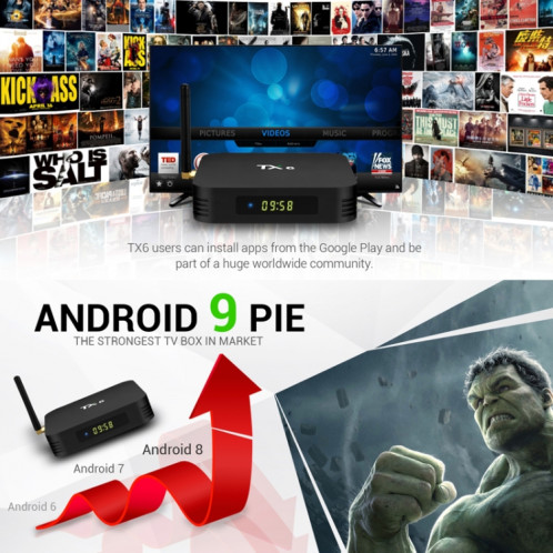 TX6 HD TV Boîte Media Player, Android 7.1 / 9.0, Allwinner H6, hauteur de 1,5 GHz, ARM-CORE CORTEX-A53, 4GB + 32GB, Support Bluetooth, WiFi, RJ45, Fiche UE SH64EU1212-07