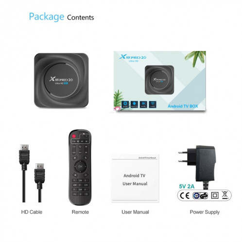 X88 PRO 20 4K Smart TV Box Android 11,0 Media Player avec télécommande vocale, RK3566 Quad Core 64bit Cortex-A55 jusqu'à 1,8 GHz, RAM: 4 Go, Rom: 32 Go, Bluetooth, Bluetooth, Ethernet, Bluetooth, Fiche SH68US1649-012