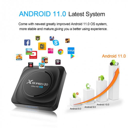 X88 PRO 20 4K Smart TV Box Android 11,0 Media Player avec télécommande vocale, RK3566 Quad Core 64bit Cortex-A55 jusqu'à 1,8 GHz, RAM: 8 Go, Rom: 128 Go, Support Dual Band WiFi, Bluetooth, Ethernet, Bluetooth SH70US759-012