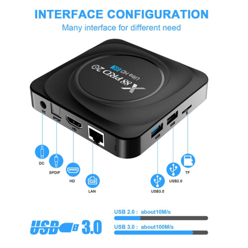 X88 PRO 20 4K Smart TV Box Android 11,0 Media Player avec télécommande infrarouge, RK3566 Quad Core 64bit Cortex-A55 jusqu'à 1,8 GHz, RAM: 8 Go, Rom: 128 Go, Support Dual Band Wifi, Bluetooth, Ethernet, UK Plug SH73UK1285-012