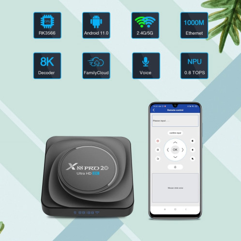X88 PRO 20 4K Smart TV Box Android 11,0 Media Player avec télécommande infrarouge, RK3566 Quad Core 64bit Cortex-A55 jusqu'à 1,8 GHz, RAM: 8 Go, Rom: 128 Go, Support Dual Band Wifi, Bluetooth, Ethernet, UK Plug SH73UK1285-012