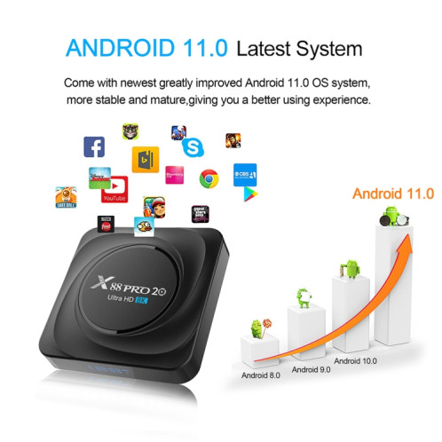 X88 PRO 20 4K Smart TV Box Android 11,0 Media Player avec télécommande infrarouge, RK3566 Quad Core 64bit Cortex-A55 jusqu'à 1,8 GHz, RAM: 8 Go, Rom: 128 Go, Support Dual Band Wifi, Bluetooth, Ethernet, UK Plug SH73UK1285-012