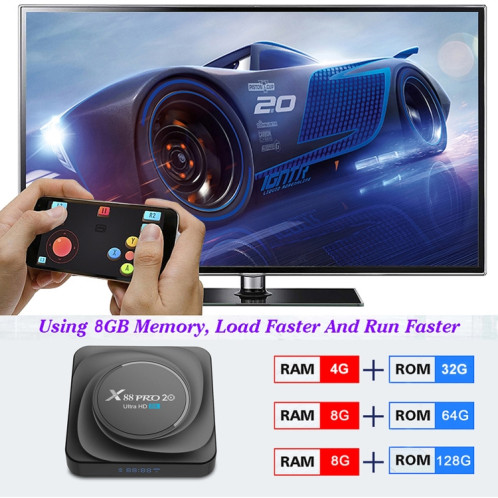 X88 PRO 20 4K Smart TV Box Android 11,0 Media Player avec télécommande infrarouge, RK3566 Quad Core 64bit Cortex-A55 jusqu'à 1,8 GHz, RAM: 8 Go, Rom: 128 Go, Support Dual Band Wifi, Bluetooth, Ethernet, UK Plug SH73UK1285-012