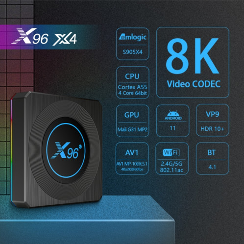 X96 X4 8K Smart TV Box Android 11,0 Media Player avec télécommande, AMLogic S905x4 ARM CORE CORTEX A55, RAM: 4GB, ROM: 32 Go, Bluetooth, Bluetooth, Fiche UE SH74EU154-010
