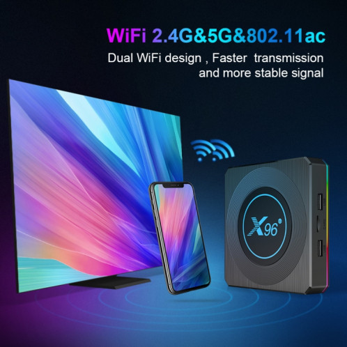 X96 X4 8K Smart TV Box Android 11,0 Media Player avec télécommande, AMLogic S905x4 quad core ARM Cortex A55, RAM: 4 Go, Rom: 32 Go, Support 1000m, Dual Band Wifi, Bluetooth, Fiche EU SH76EU1552-010