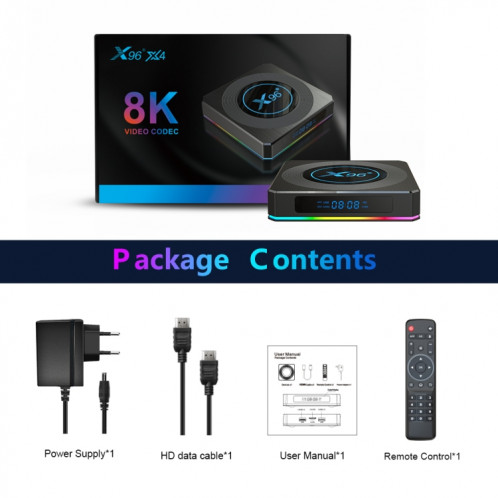 X96 X4 8K Smart TV Box Android 11,0 Media Player avec télécommande, AMLogic S905x4 quad core ARM Cortex A55, RAM: 4 Go, Rom: 32 Go, Support 1000m, Dual Band Wifi, Bluetooth, Fiche EU SH76EU1552-010