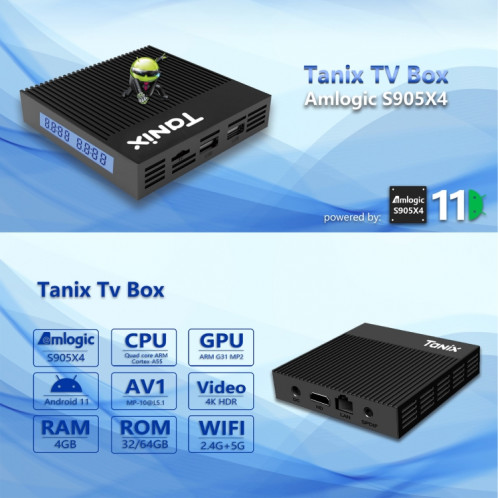Tanix X4 Android 11 Smart TV Box, Amlogic S905X4 Quad Core, 4 Go + 32 Go, double Wifi, BT () SH84EU1183-08