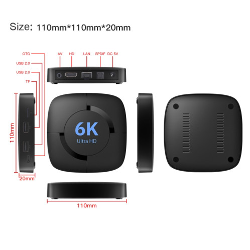 Boîtier TV intelligent 6K UHD, Android 10.0, Allwinner H616 Quad Core, 4 Go + 32 Go, prise américaine SH90US1646-08