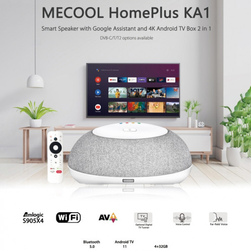 MECOOL KA1 Haut-parleur TV intelligent Android 11 TV Box avec télécommande, Amlogic S905X4 Quad Core Cortex-A55, 4 Go + 32 Go, double bande / Bluetooth / Ethernet / OTT (prise UE) SM02EU244-010