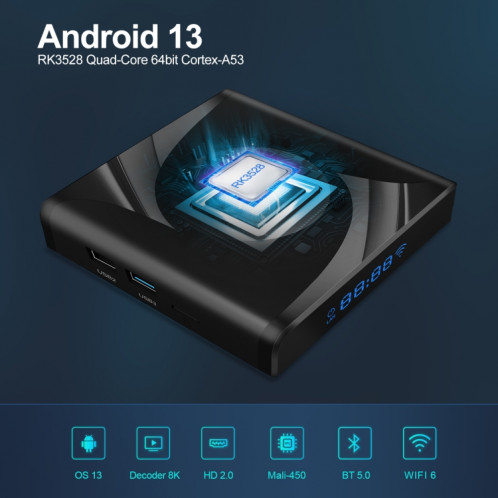 X88 Pro 13 Android 13.0 Smart TV Box avec télécommande, RK3528 Quad-Core, 2 Go + 16 Go (prise UE) SH12EU1905-08