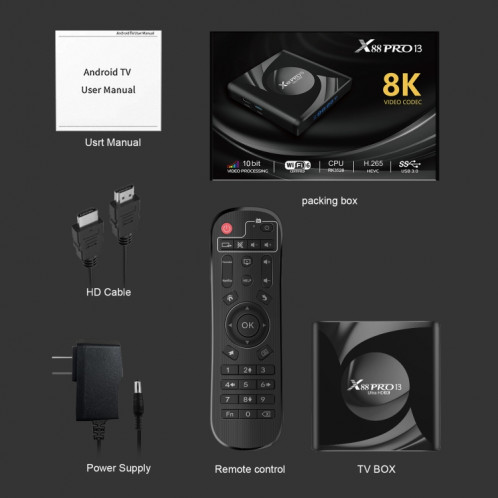 X88 Pro 13 Android 13.0 Smart TV Box avec télécommande, RK3528 Quad-Core, 2 Go + 16 Go (prise UE) SH12EU1905-08