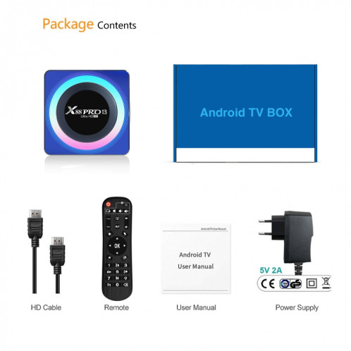 Acrylique X88 Pro 13 8K Ultra HD Android 13.0 Smart TV Box avec télécommande, RK3528 Quad-Core, 2 Go + 16 Go () SH19EU758-09
