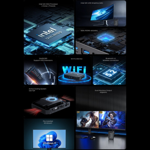 Mini PC CHUWI HeroBox, Windows 11, Intel Celeron N5100 Quad Core jusqu'à 2,8 GHz, 8 Go + 256 Go, prise en charge VGA, HDMI SC545B1311-013