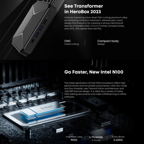 Mini PC CHUWI HeroBox, Windows 11, Intel Celeron N5100 Quad Core jusqu'à 2,8 GHz, 8 Go + 256 Go, prise en charge VGA, HDMI SC545B1311-013