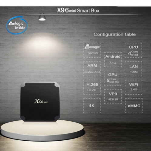 X96 mini 4K * 2K UHD sortie Smart TV BOX Player avec télécommande avec fixation murale, Android 7.1.2 Amlogic S905W Quad Core ARM Cortex A53 2GHz, RAM: 1 Go, ROM: 8 Go, Prise en charge WiFi, HDMI, TF (noir) SH973B1464-016