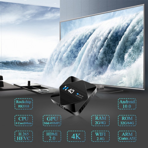 H40 4K Ultra HD Smart TV BOX Android 10.0 Lecteur multimédia avec télécommande, Quad-core, RAM : 4 Go, ROM : 64 Go () SH26EU1033-015