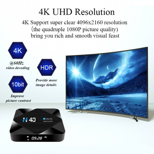 H40 4K Ultra HD Smart TV BOX Android 10.0 Lecteur multimédia avec télécommande, Quad-core, RAM : 4 Go, ROM : 64 Go () SH26EU1033-015