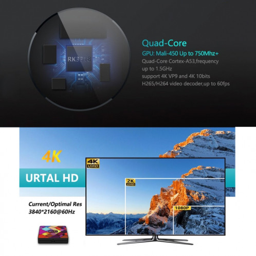 HK1COOL 4K UHD Smart TV Box avec télécommande, Android 9.0 RK3318 Quad-core Cortex-A53, 2 Go + 16 Go, prise en charge WiFi & BT & AV & HDMI & RJ45 & TF Card SH26321068-011
