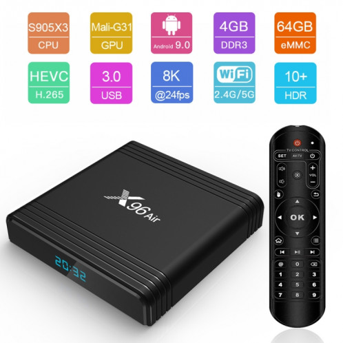 X96 Air 8K Smart TV BOX Android 9.0 Lecteur multimédia avec télécommande, Quad-core Amlogic S905X3, RAM : 2 Go, ROM : 16 Go, WiFi double bande, SH29EU1579-013