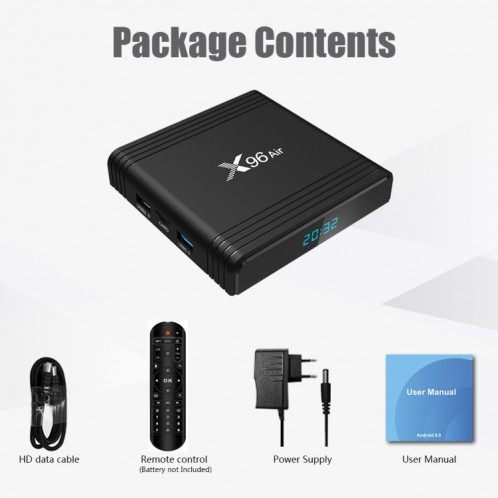 X96 Air 8K Smart TV BOX Android 9.0 Lecteur multimédia avec télécommande, Quad-core Amlogic S905X3, RAM : 2 Go, ROM : 16 Go, WiFi double bande, SH29EU1579-013