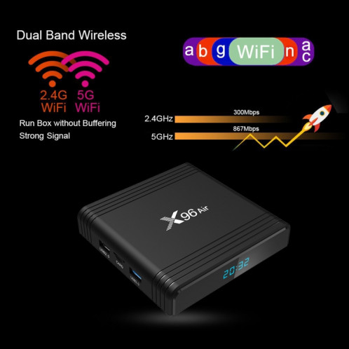 X96 Air 8K Smart TV BOX Android 9.0 Lecteur multimédia avec télécommande, Quad-core Amlogic S905X3, RAM : 2 Go, ROM : 16 Go, WiFi double bande, SH29EU1579-013