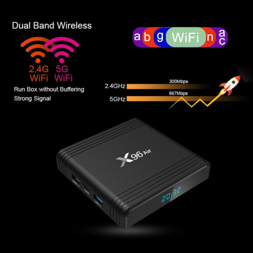 X96 Air 8K Smart TV BOX Android 9.0 Lecteur multimédia avec télécommande, Quad-core Amlogic S905X3, RAM : 4 Go, ROM : 32 Go, WiFi double bande, Bluetooth, prise US SH30US766-014