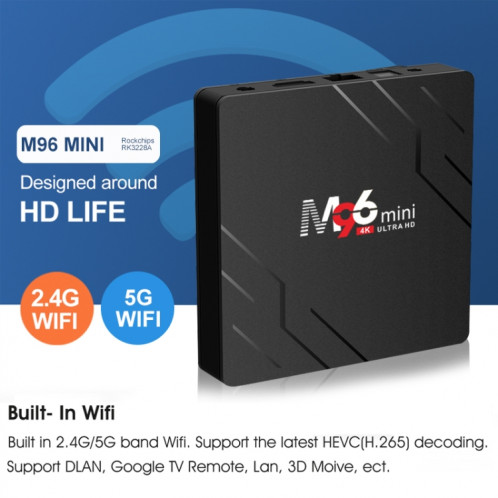 M96mini 4K Smart TV BOX Android 9.0 Lecteur multimédia avec télécommande, Quad-core RK3228A, RAM : 2 Go, ROM : 16 Go, WiFi double bande, SH10EU1133-011