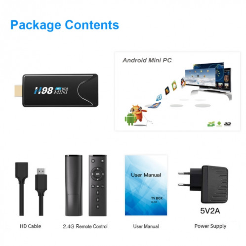 H98 Mini 4k Dongle Smart TV Box Android 10 Media Player WTIH Télécommande, ALLWINNER H313 ARM-CORRE ARM CORTEX-A53, RAM: 2GB, ROM: 16 Go, Support WiFi, Bluetooth, OTG, USAG SH86US102-09