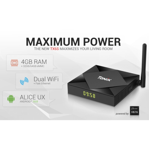 TANIX TX6s 4K Smart TV BOX Android 10 Lecteur multimédia avec télécommande, Quad Core Allwinner H616, sans fonction Bluetooth, RAM : 2 Go, ROM : 8 Go, WiFi 2,4 GHz, prise britannique SH33UK0-011