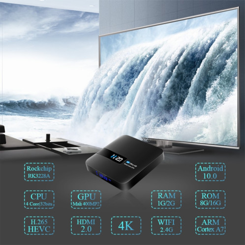 H20 4K Smart TV BOX Android 10.0 Lecteur multimédia avec télécommande, Quad Core RK3228A, RAM : 1 Go, ROM : 8 Go, WiFi 2,4 GHz, prise US SH82US12-016