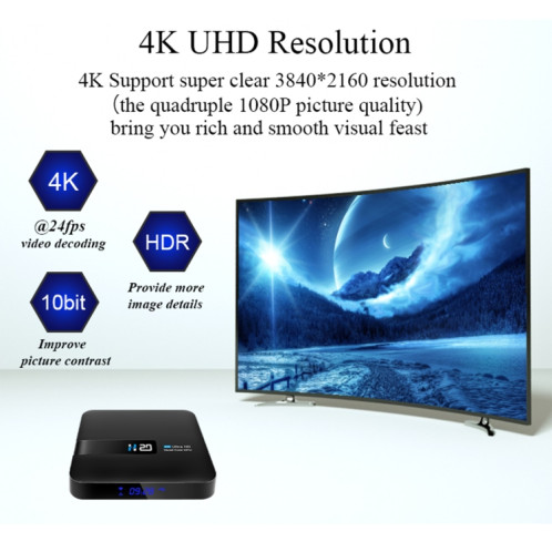 H20 4K Smart TV BOX Android 10.0 Lecteur multimédia avec télécommande, Quad Core RK3228A, RAM : 1 Go, ROM : 8 Go, WiFi 2,4 GHz, prise US SH82US12-016