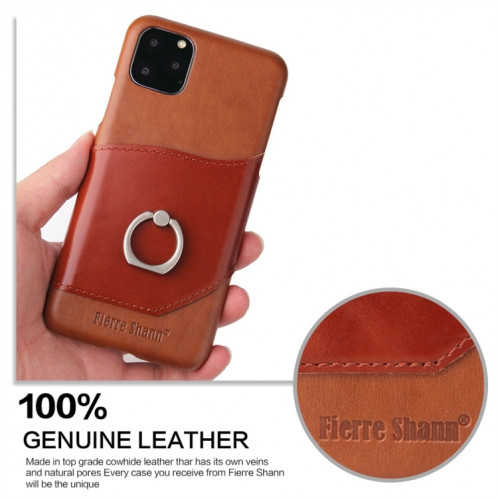 Fierre Shann Texture Cire Huile En Cuir Véritable Couverture Arrière Avec Titulaire De Rotation De 360 Degrés Et Fente Pour Carte pour iPhone 11 Pro (Marron) SH201C1645-07