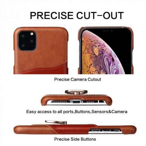 Fierre Shann Texture Cire Huile En Cuir Véritable Couverture Arrière Avec Titulaire De Rotation De 360 Degrés Et Fente Pour Carte pour iPhone 11 Pro (Marron) SH201C1645-07